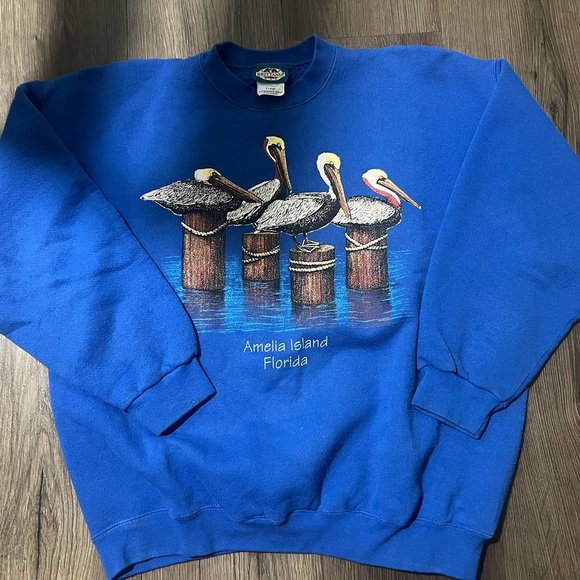 VTG Crewneck Sweatshirt XLarge Blue Beach Florida Pelican Graphic - Picture 1 of 3
